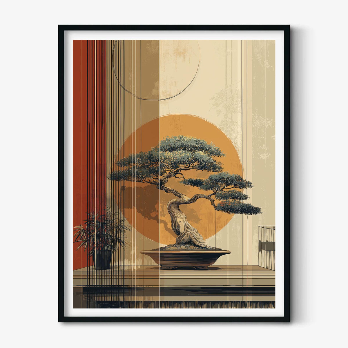 Bonsai Wall Art Print, Japanese Sun Poster, Minimalist Zen Decor