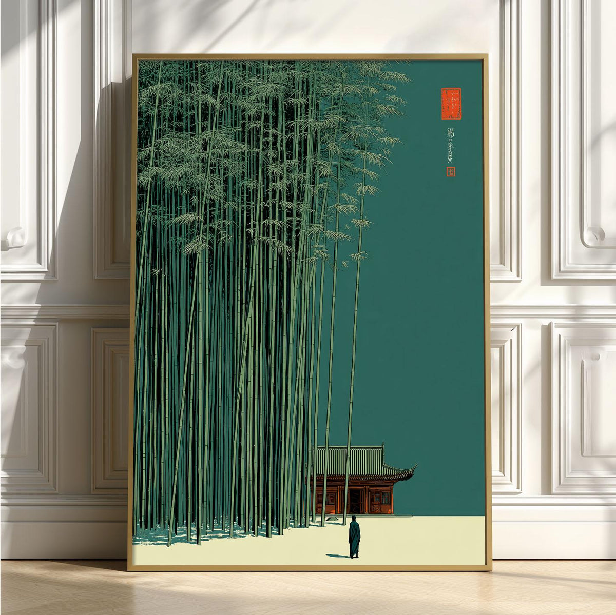 Bamboo Forest Print, Minimalist Asian Wall Art, Teal Green Landscape Illustration