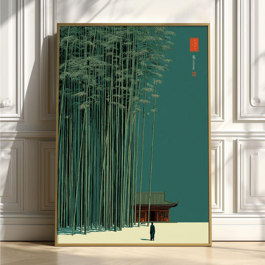 Bamboo Forest Print, Minimalist Asian Wall Art, Teal Green Landscape Illustration