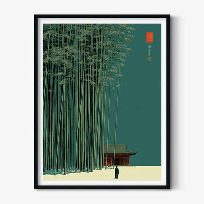 Bamboo Forest Print, Minimalist Asian Wall Art, Teal Green Landscape Illustration