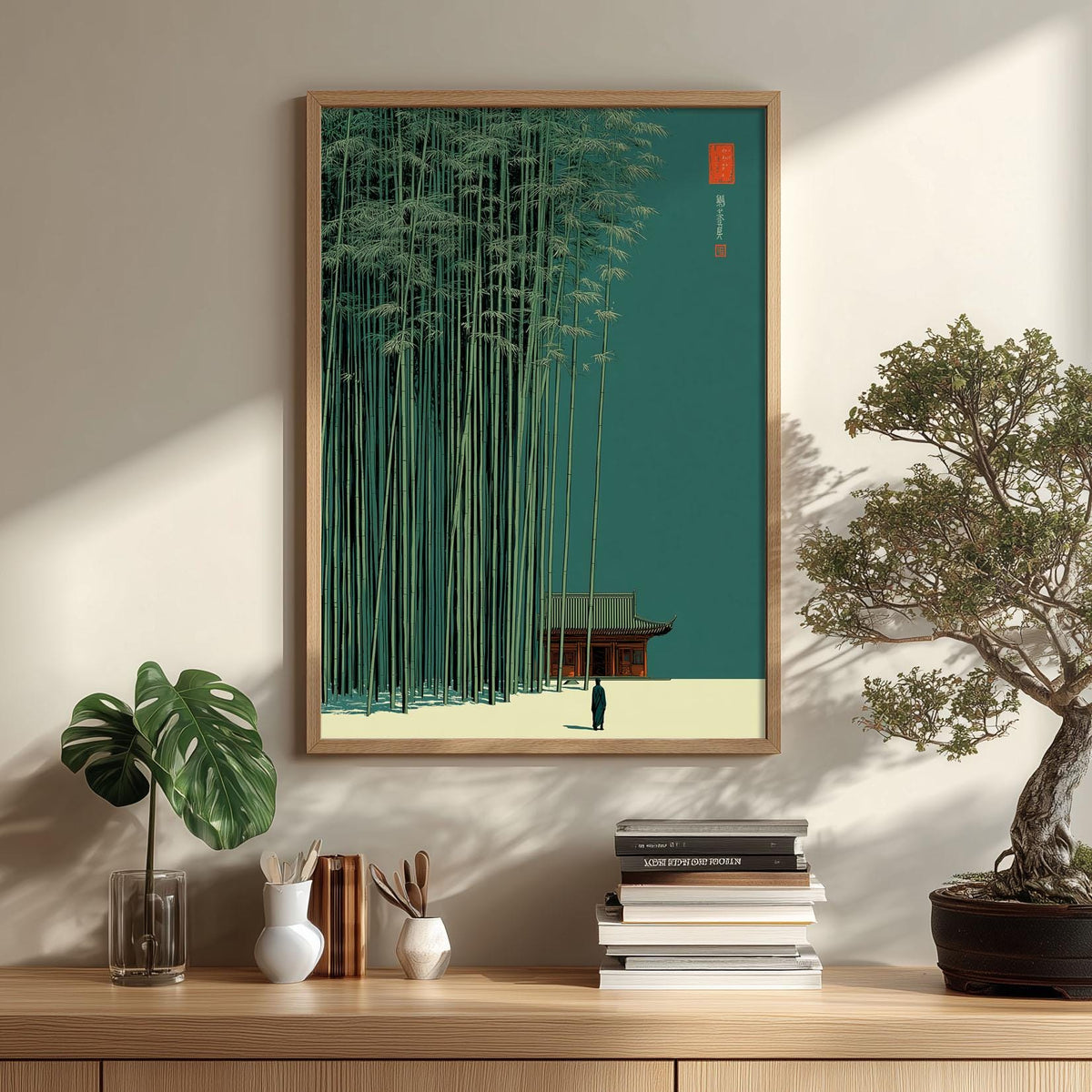 Bamboo Forest Print, Minimalist Asian Wall Art, Teal Green Landscape Illustration