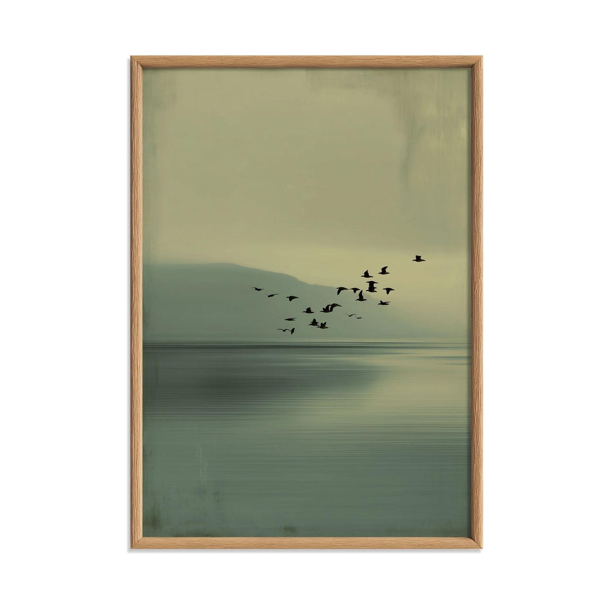 Japandi Wall Art Print, Minimalist Birds Over Lake, Calm Green Tones