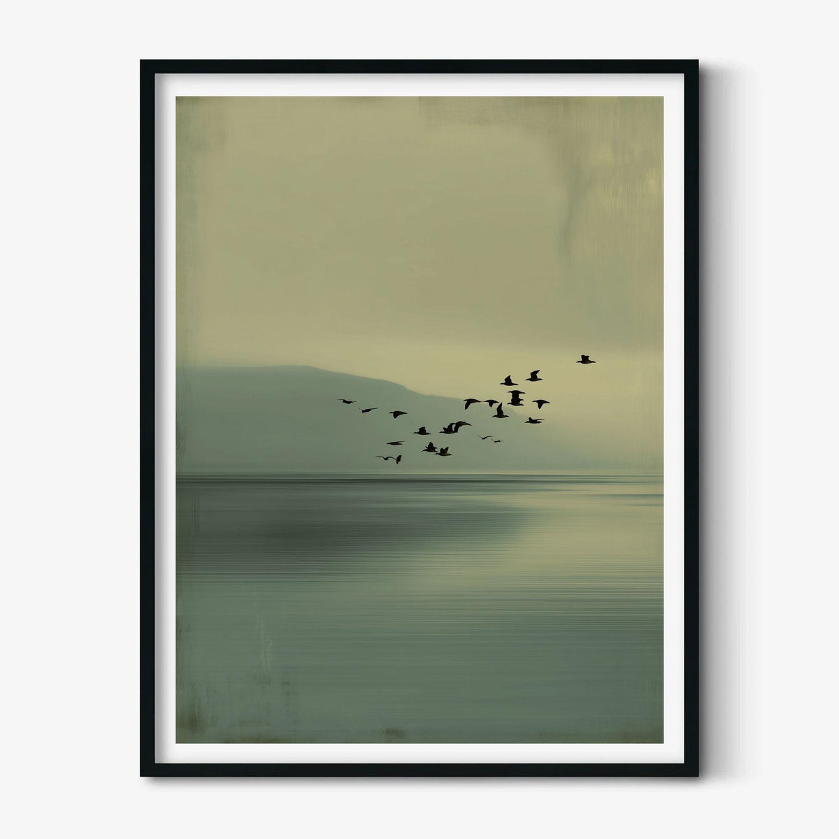 Japandi Wall Art Print, Minimalist Birds Over Lake, Calm Green Tones