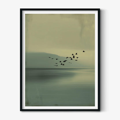 Japandi Wall Art Print, Minimalist Birds Over Lake, Calm Green Tones