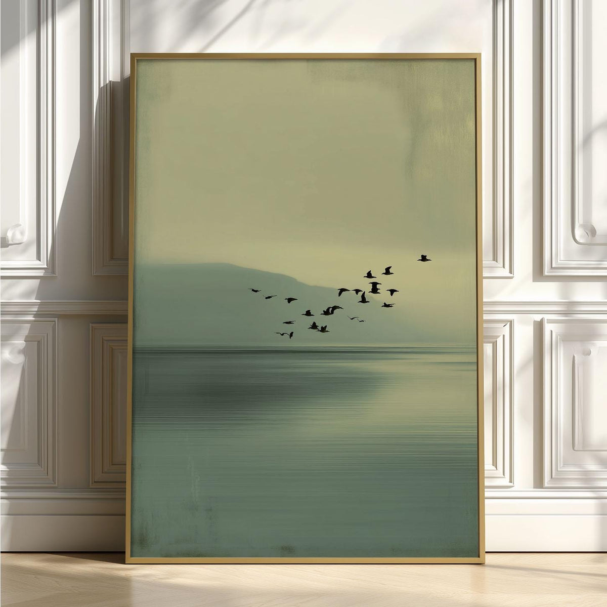 Japandi Wall Art Print, Minimalist Birds Over Lake, Calm Green Tones