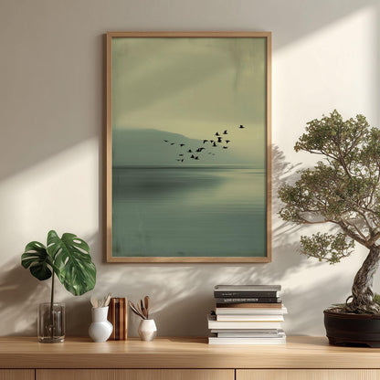 Japandi Wall Art Print, Minimalist Birds Over Lake, Calm Green Tones