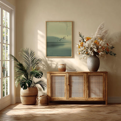 Japandi Wall Art Print, Minimalist Birds Over Lake, Calm Green Tones