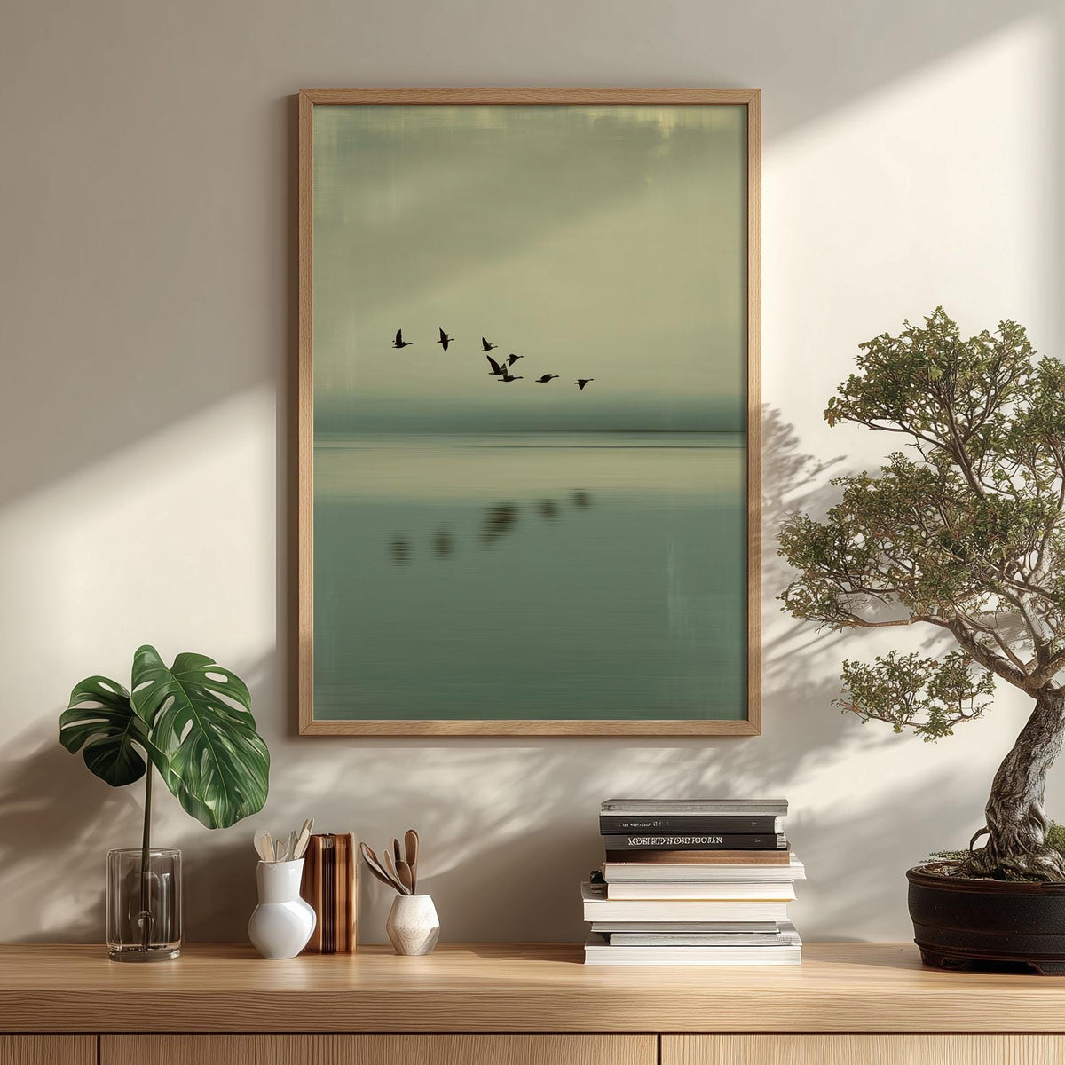 Minimal Japandi Pall print, Tranquil Seascape with Birds, Modern Neutral Décor