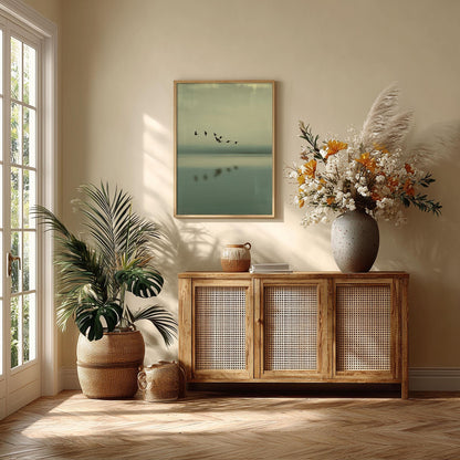 Minimal Japandi Pall print, Tranquil Seascape with Birds, Modern Neutral Décor