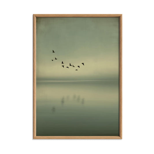 Minimalist Birds Over Sea Print, Calming Green Wall Art, Scandinavian Coastal Decor