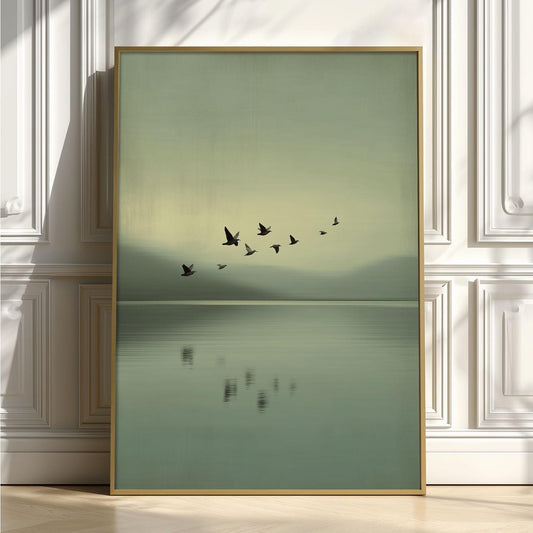 Birds Over Calm Lake Poster - Minimalist Wall Art, Soft Green Landscape Print