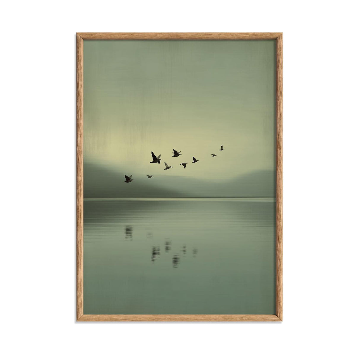 Birds Over Calm Lake Poster - Minimalist Wall Art, Soft Green Landscape Print