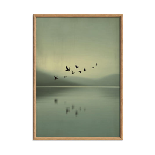 Birds Over Calm Lake Poster - Minimalist Wall Art, Soft Green Landscape Print