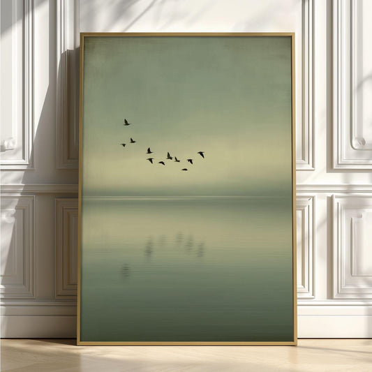 Minimalist Birds Over Sea Print, Calming Green Wall Art, Scandinavian Coastal Decor
