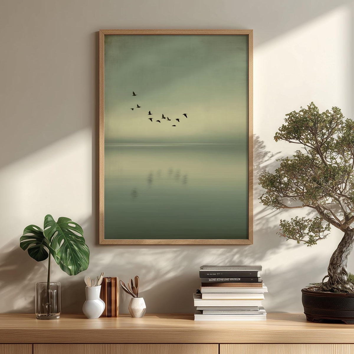 Minimalist Birds Over Sea Print, Calming Green Wall Art, Scandinavian Coastal Decor