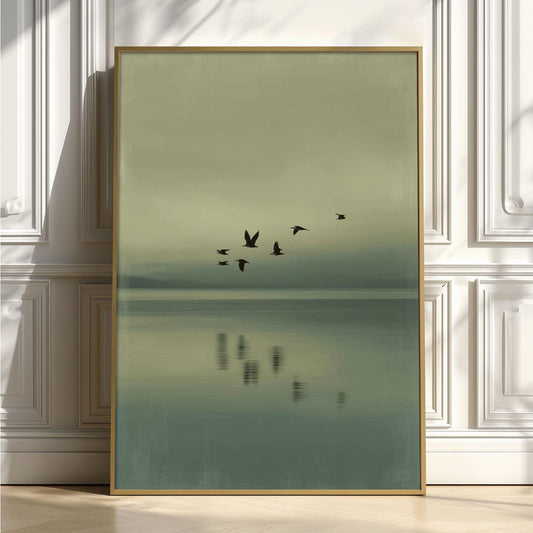Flock of Birds Print - Minimalist Coastal Wall Art - Tranquil Ocean Wall Decor