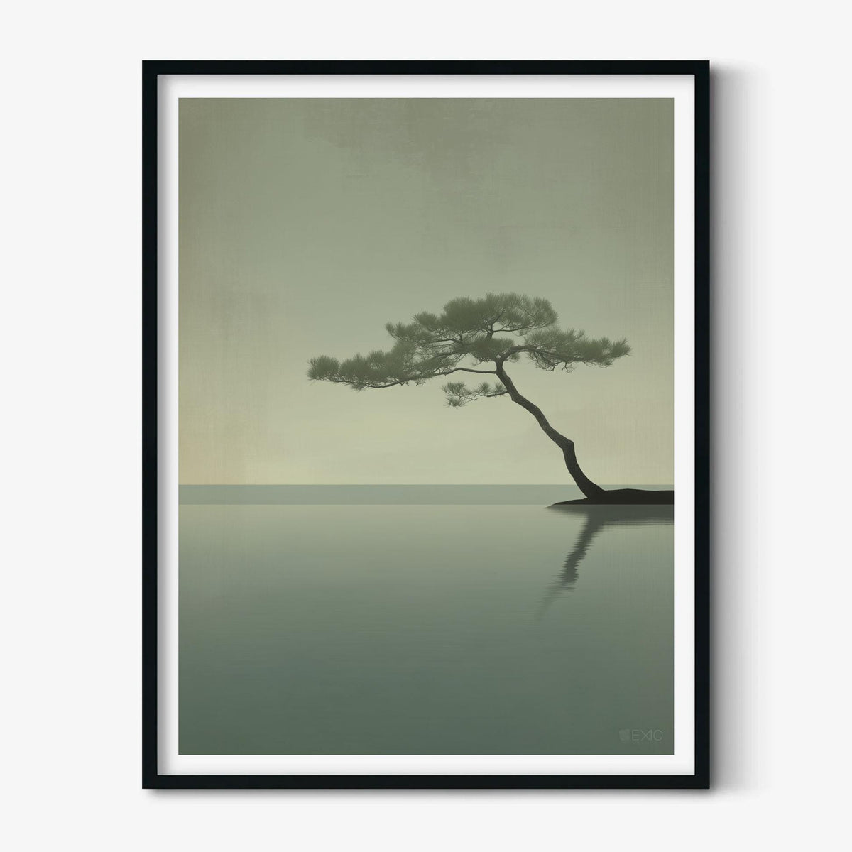 Bonsai Pine Art Print, Minimalist Japandi Seascape, Sage Green Wall Art