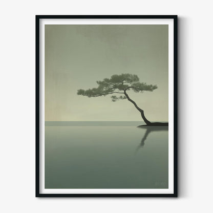 Bonsai Pine Art Print, Minimalist Japandi Seascape, Sage Green Wall Art