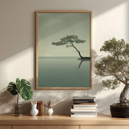Bonsai Pine Art Print, Minimalist Japandi Seascape, Sage Green Wall Art