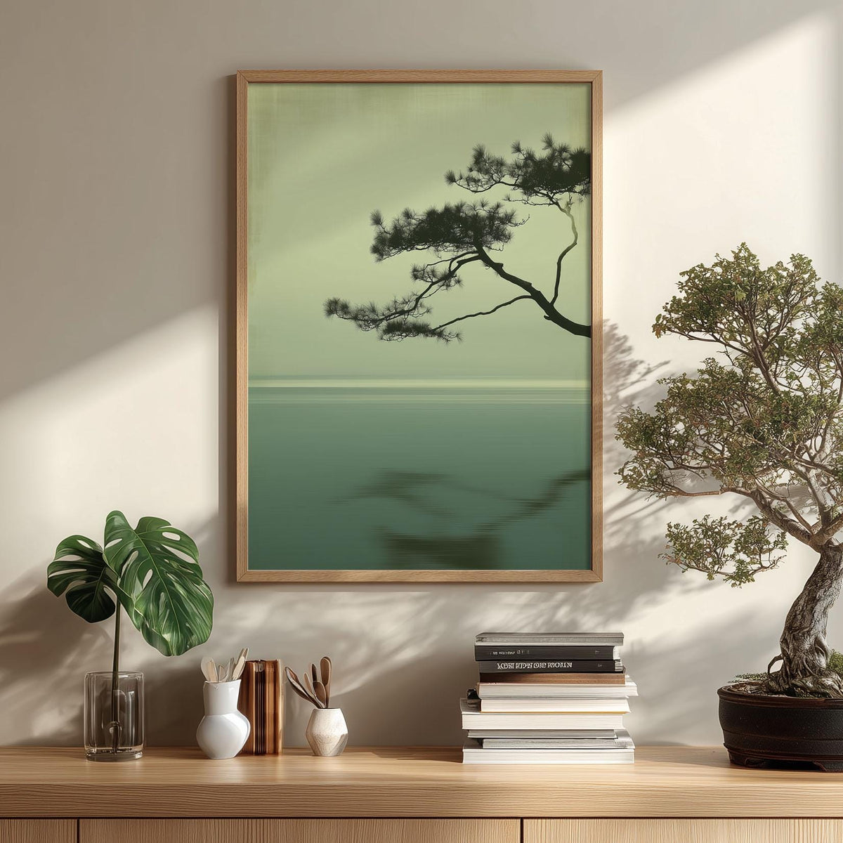 Japandi Pine Wall Art, Minimalist Sage Seascape, Zen Tree Print