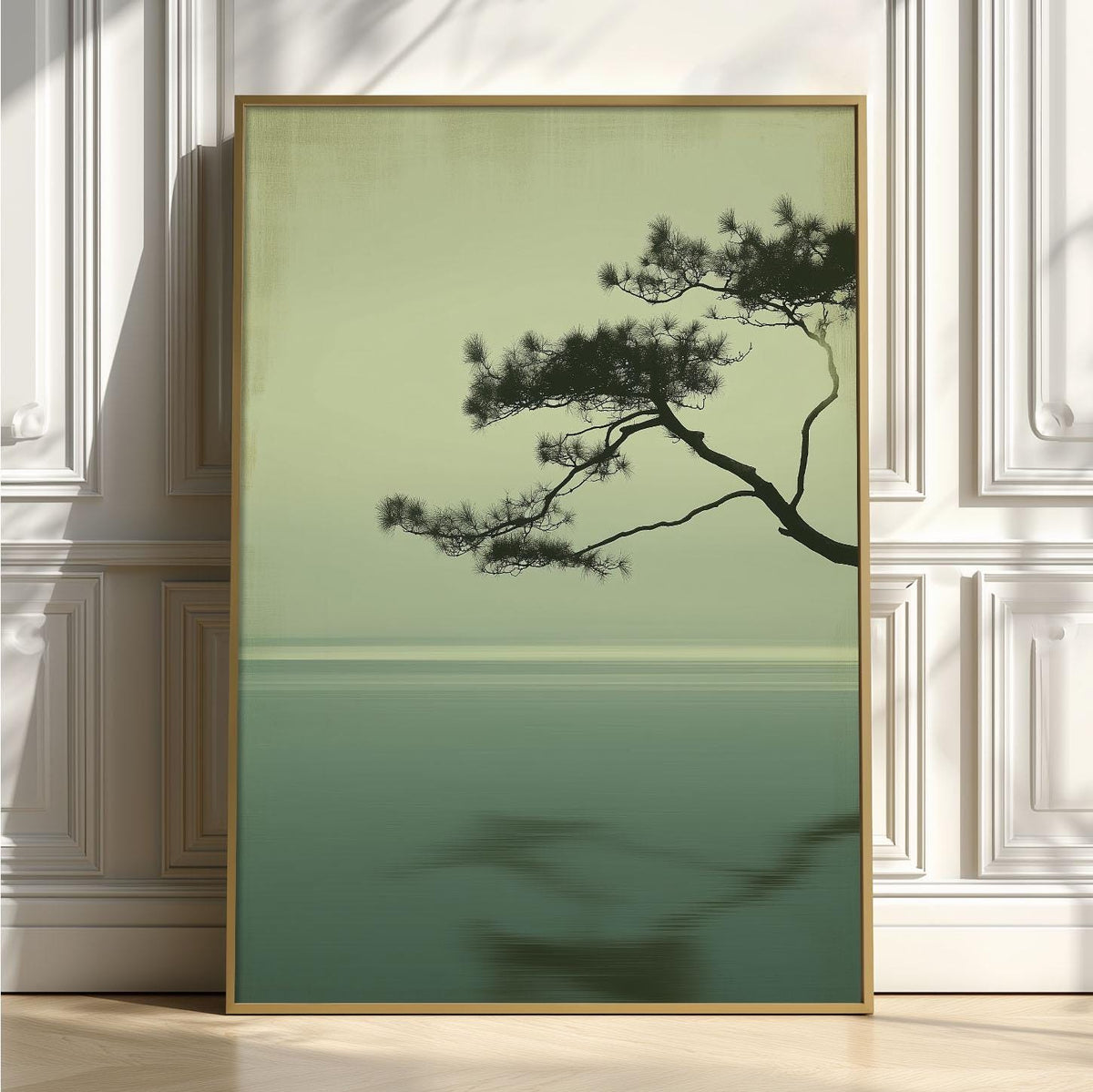 Japandi Pine Wall Art, Minimalist Sage Seascape, Zen Tree Print