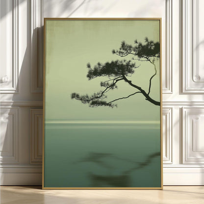 Japandi Pine Wall Art, Minimalist Sage Seascape, Zen Tree Print