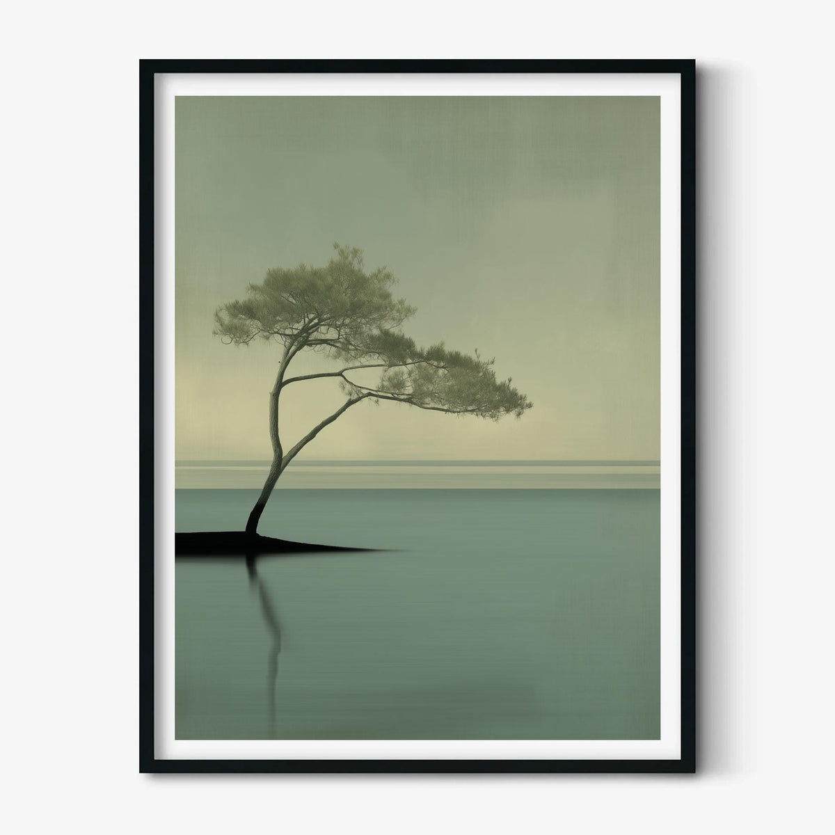 Pine Tree Poster Print, Sage Green Seascape, Japandi Wall Art