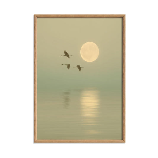 Flying Crane Art Print, Sage Green Seascape, Japandi Wall Art