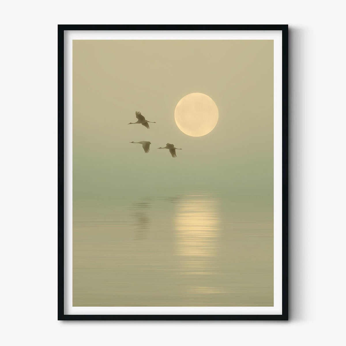 Flying Crane Art Print, Sage Green Seascape, Japandi Wall Art