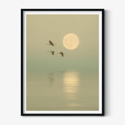 Flying Crane Art Print, Sage Green Seascape, Japandi Wall Art