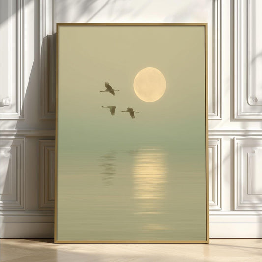 Flying Crane Art Print, Sage Green Seascape, Japandi Wall Art