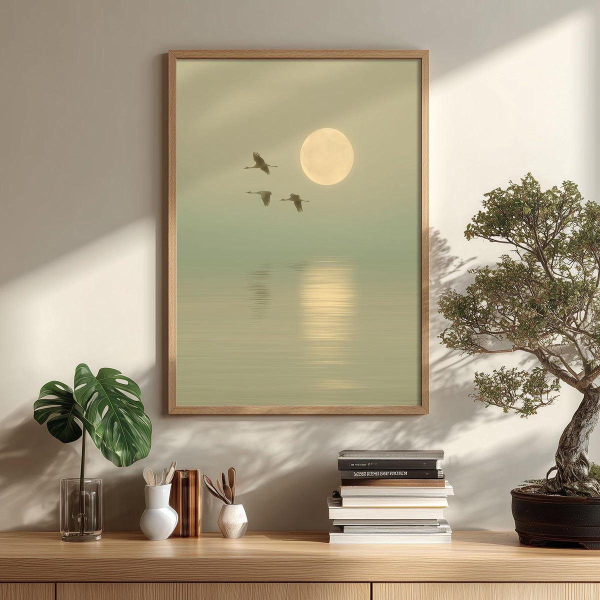 Flying Crane Art Print, Sage Green Seascape, Japandi Wall Art