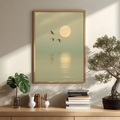 Flying Crane Art Print, Sage Green Seascape, Japandi Wall Art