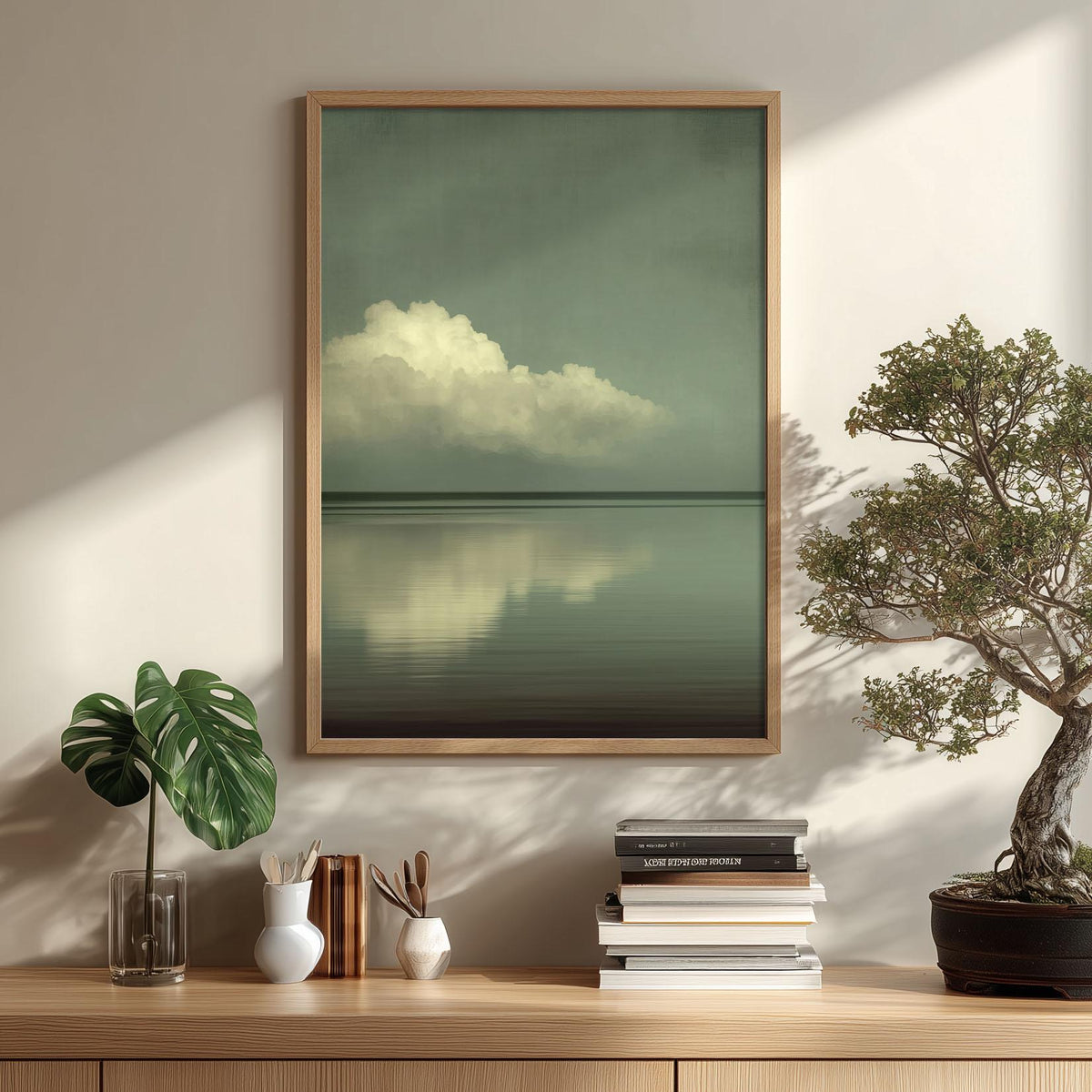 Cloud Seascape Poster, Sage Green Horizon, Minimalist Japandi Wall Art