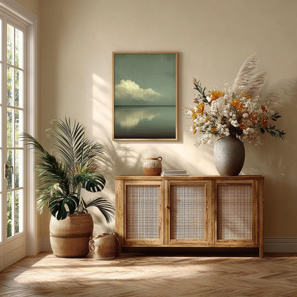 Cloud Seascape Poster, Sage Green Horizon, Minimalist Japandi Wall Art