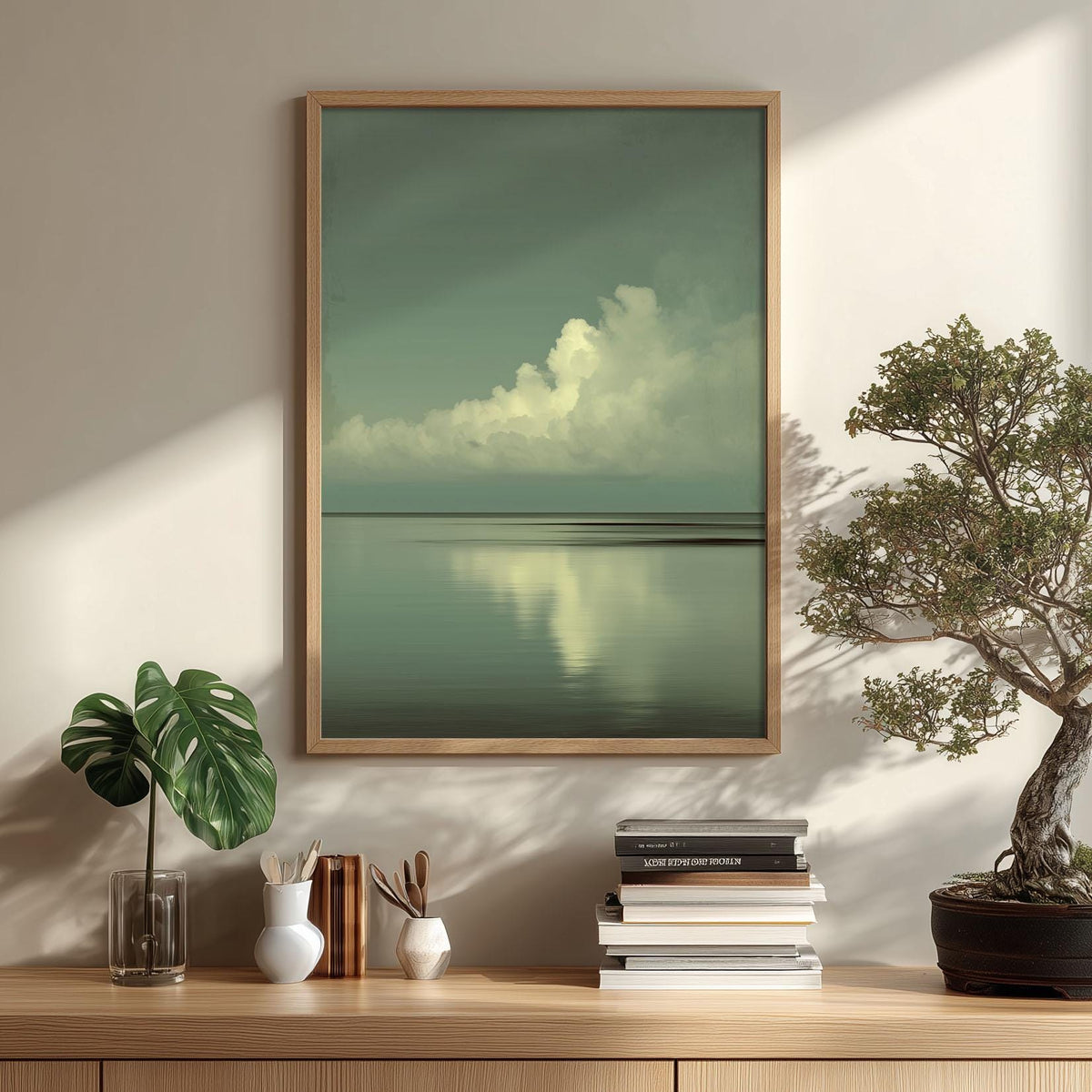 Cloud Seascape Poster Print, Sage Green Ocean, Japandi Wall Art