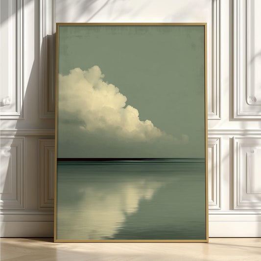 Sage Green Cloud Wall Art, Minimalist Seascape, Japandi Ocean Print
