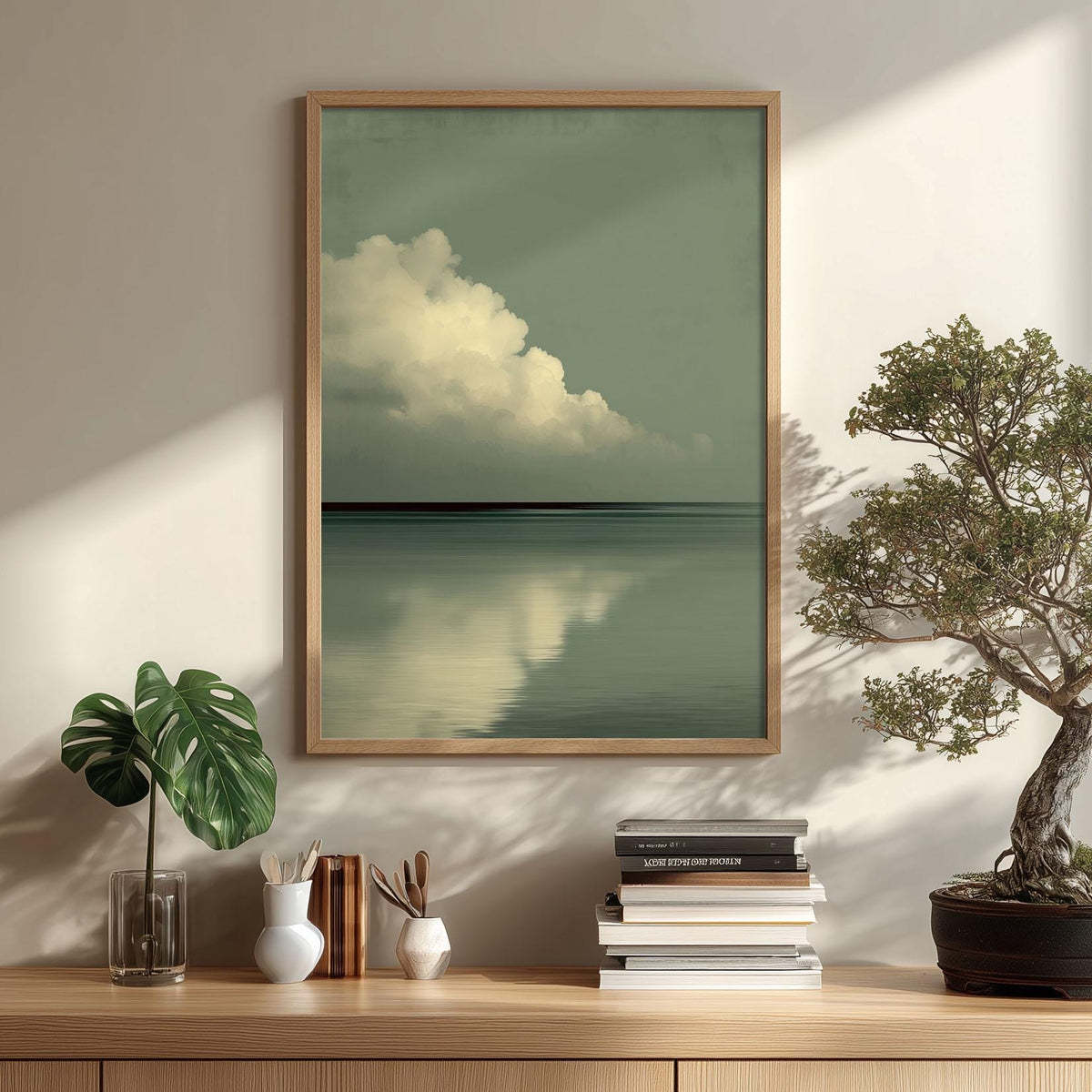 Sage Green Cloud Wall Art, Minimalist Seascape, Japandi Ocean Print
