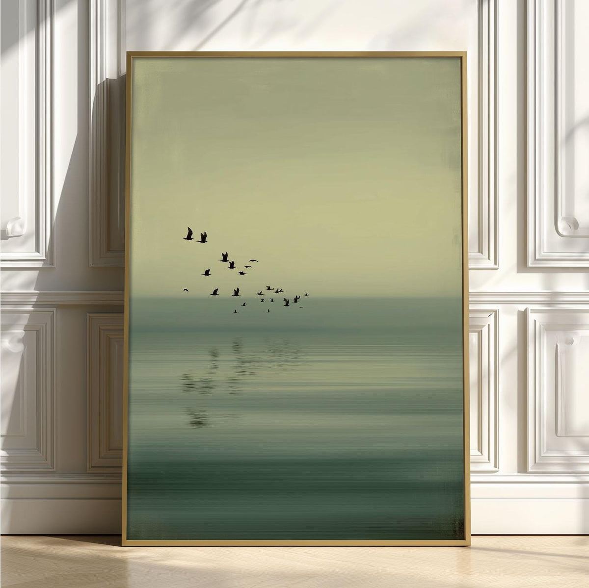 Flying Birds Art Print, Sage Green Seascape, Japandi Wall Art