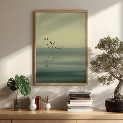 Flying Birds Art Print, Sage Green Seascape, Japandi Wall Art