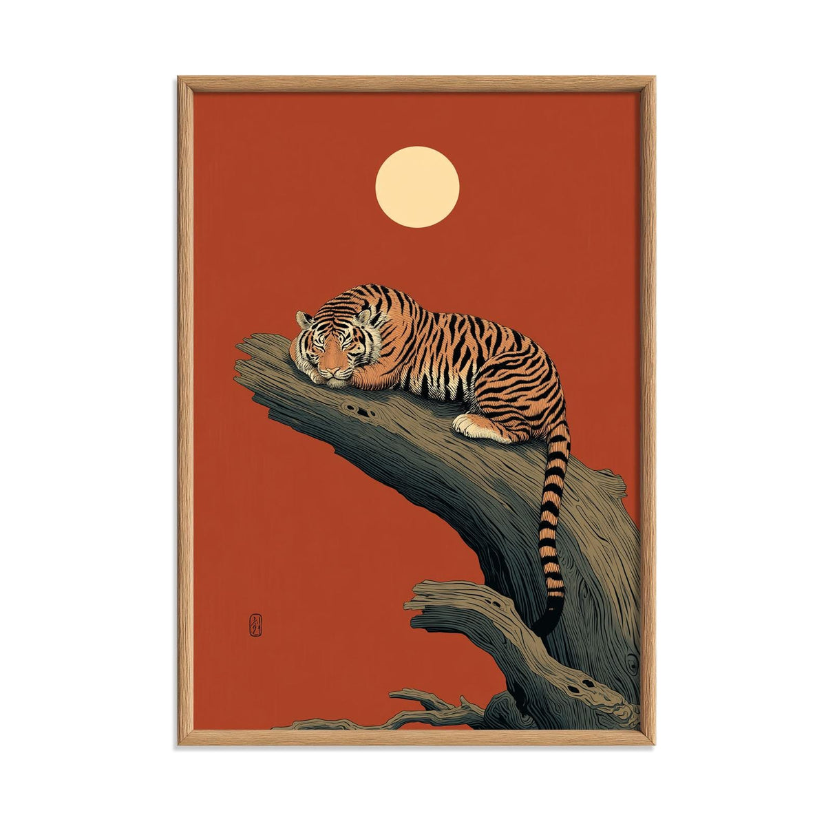 Sleeping Tiger Poster Print, East Asian Style, Red Moon Wall Art