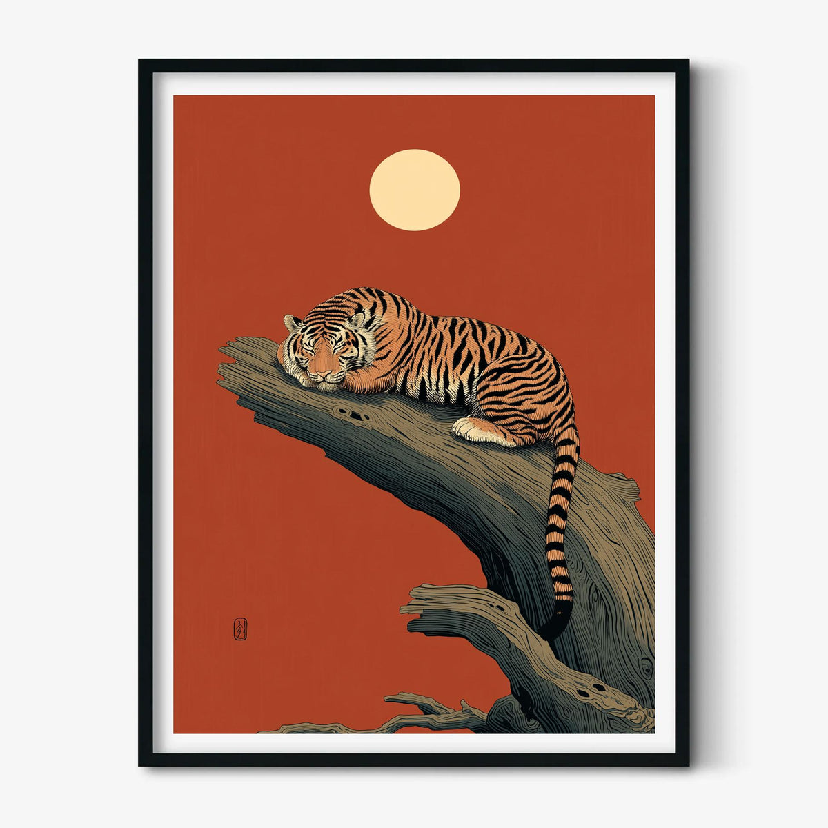 Sleeping Tiger Poster Print, East Asian Style, Red Moon Wall Art