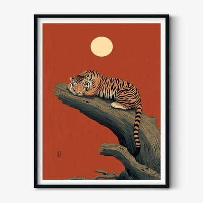 Sleeping Tiger Poster Print, East Asian Style, Red Moon Wall Art