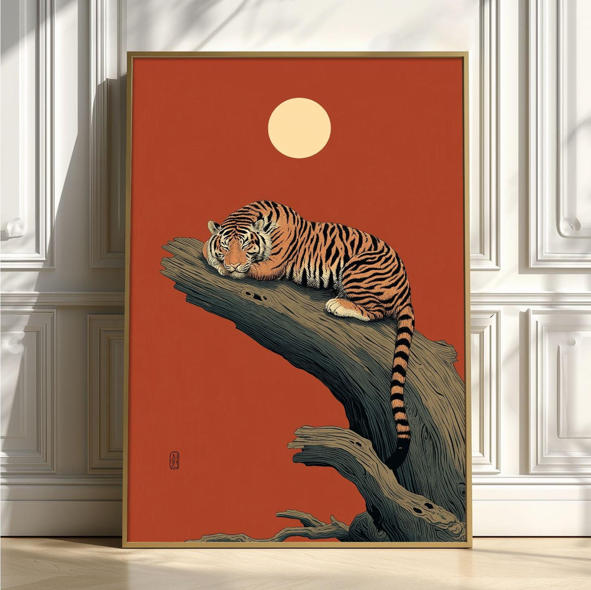Sleeping Tiger Poster Print, East Asian Style, Red Moon Wall Art