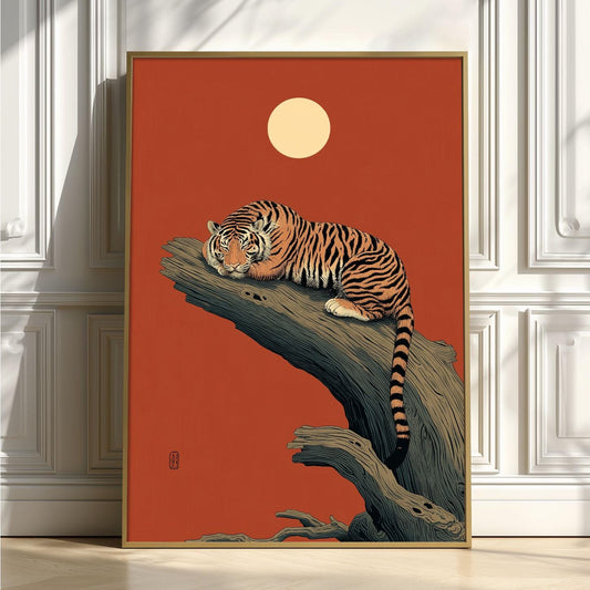 Sleeping Tiger Poster Print, East Asian Style, Red Moon Wall Art
