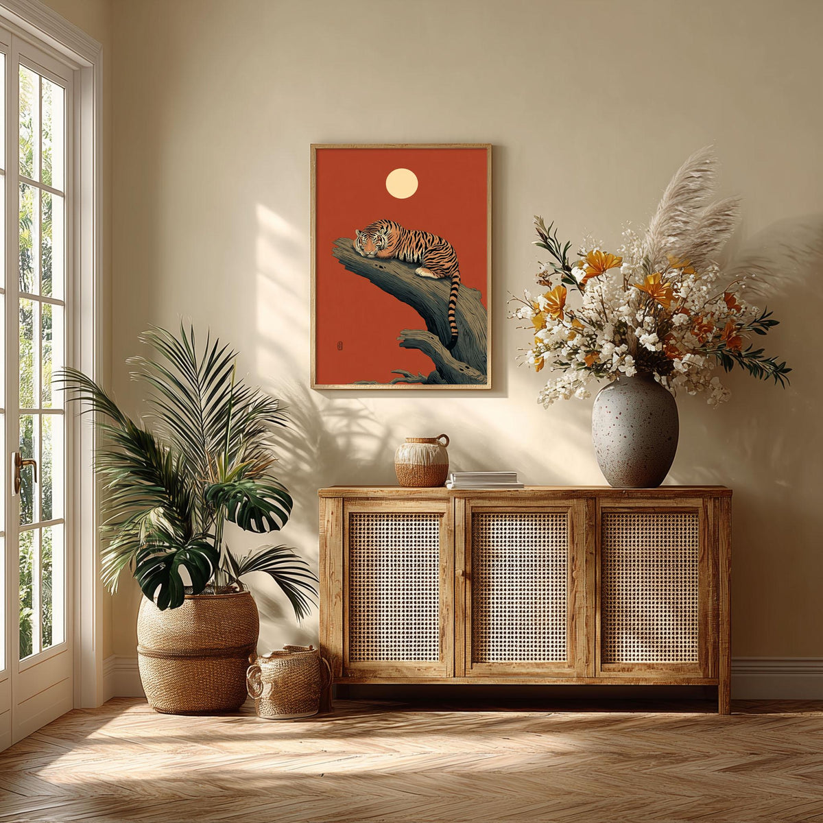 Sleeping Tiger Poster Print, East Asian Style, Red Moon Wall Art