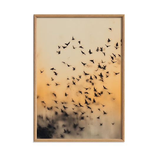 Bird Flock Art Print, Japanese Ink Wash Style, Warm Sunset Wall Art