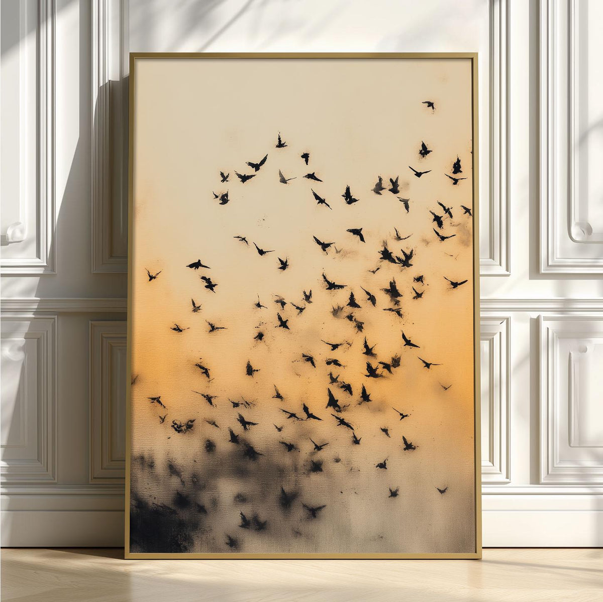 Bird Flock Art Print, Japanese Ink Wash Style, Warm Sunset Wall Art