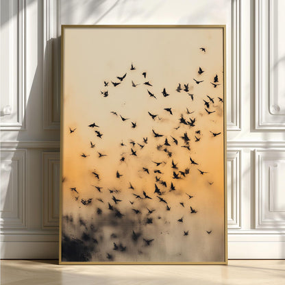 Bird Flock Art Print, Japanese Ink Wash Style, Warm Sunset Wall Art