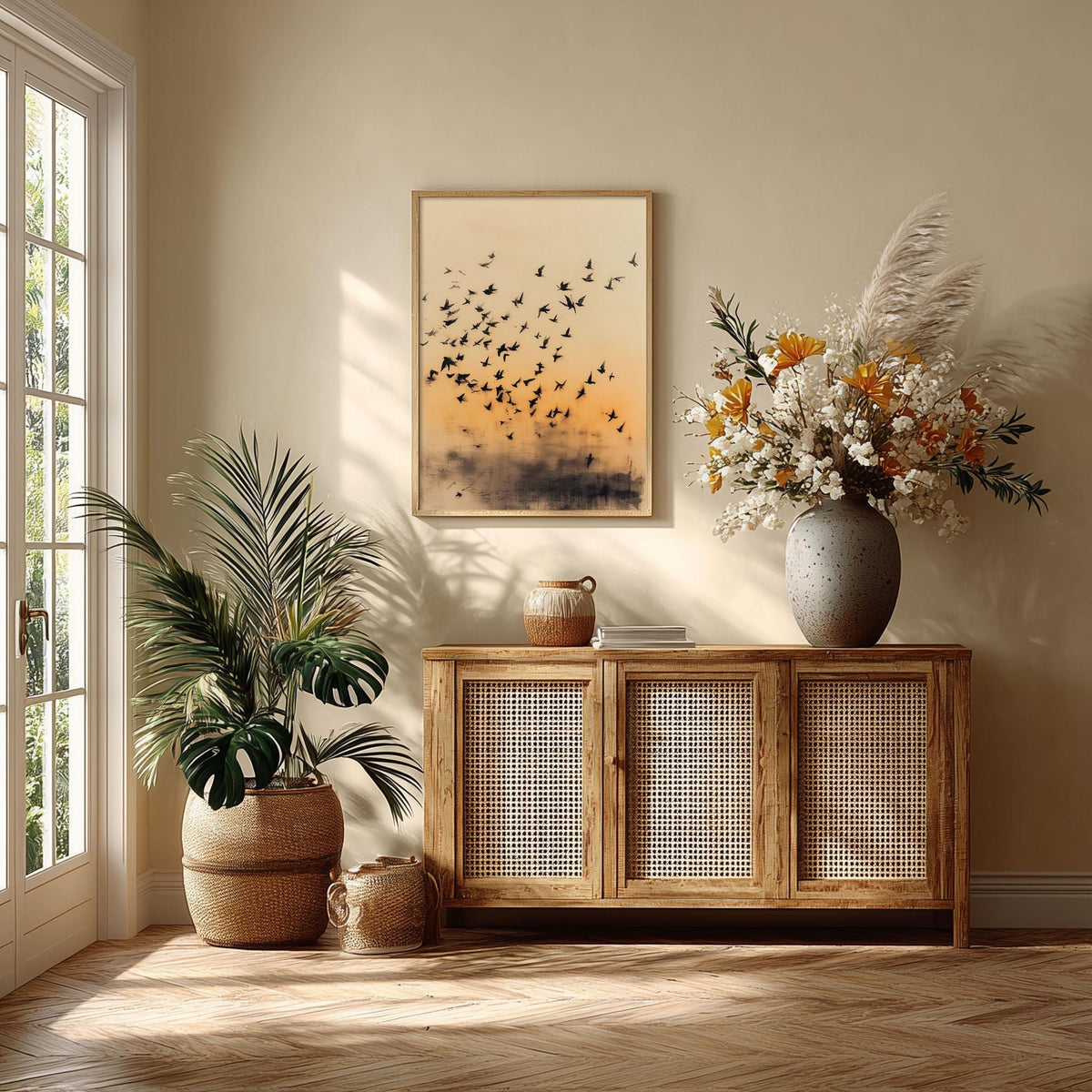 Flock of Birds Poster Print, Japanese Ink Wash Style, Sunset Wall Art